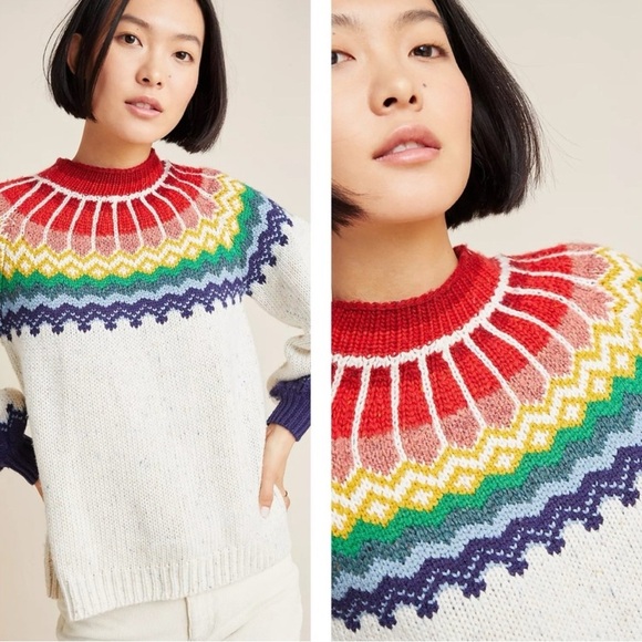 Anthropologie Saylor
Rainbow Balloon-Sleeve Intarsia Sweater size Large NWT - Picture 4 of 13